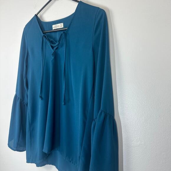 Abercrombie & Fitch Womens Bell Peasant Sleeve Lace-Up V-Neck Teal Blouse Top XS - Picture 4 of 8
